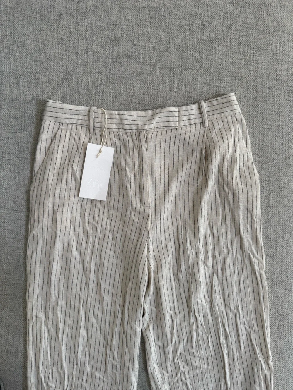 ZARA NWT Striped Linen Blend Wide Leg Trousers in Light Beige/Black Size M